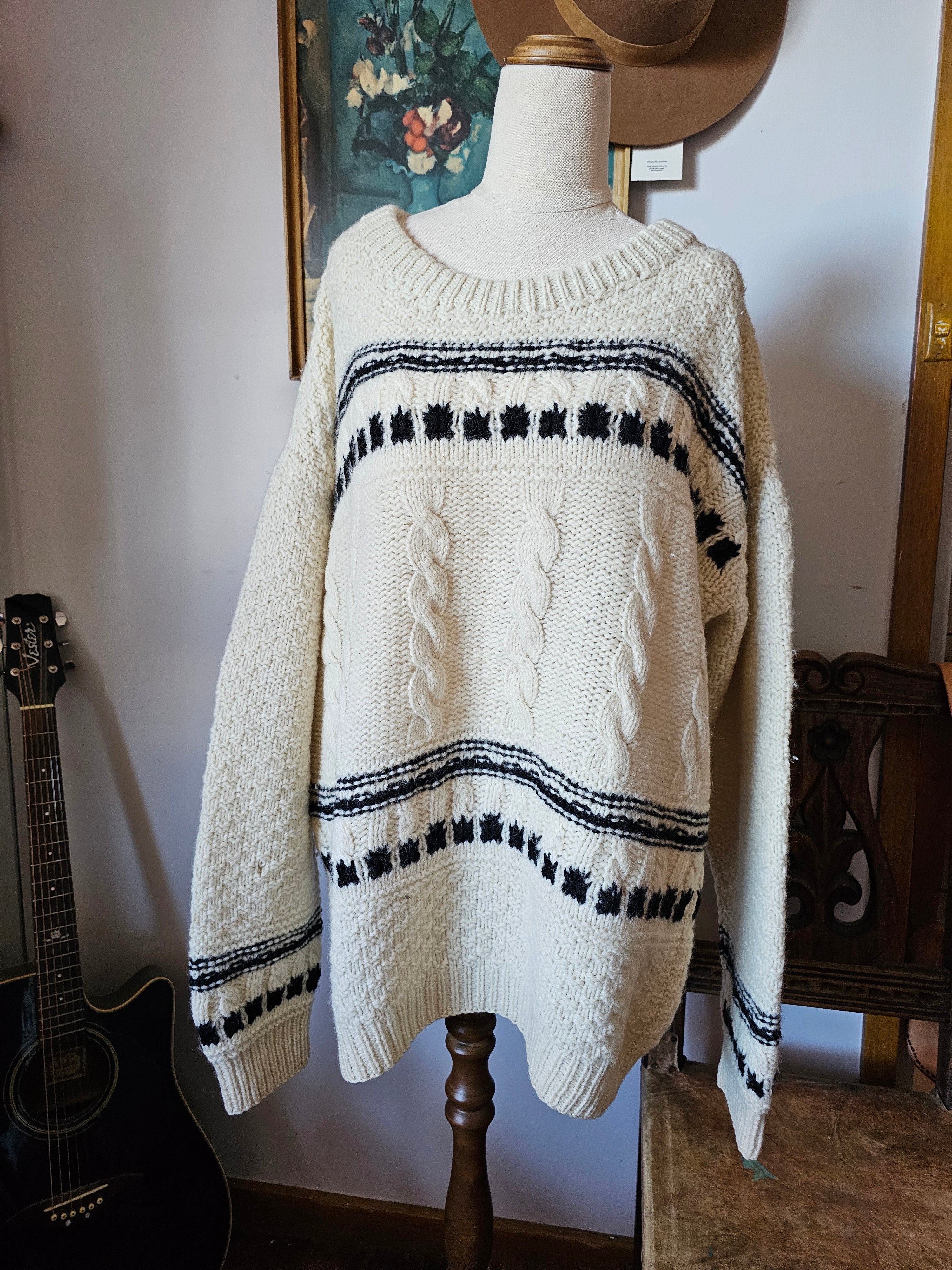 Vintage cream cable knit jumper with black detail
