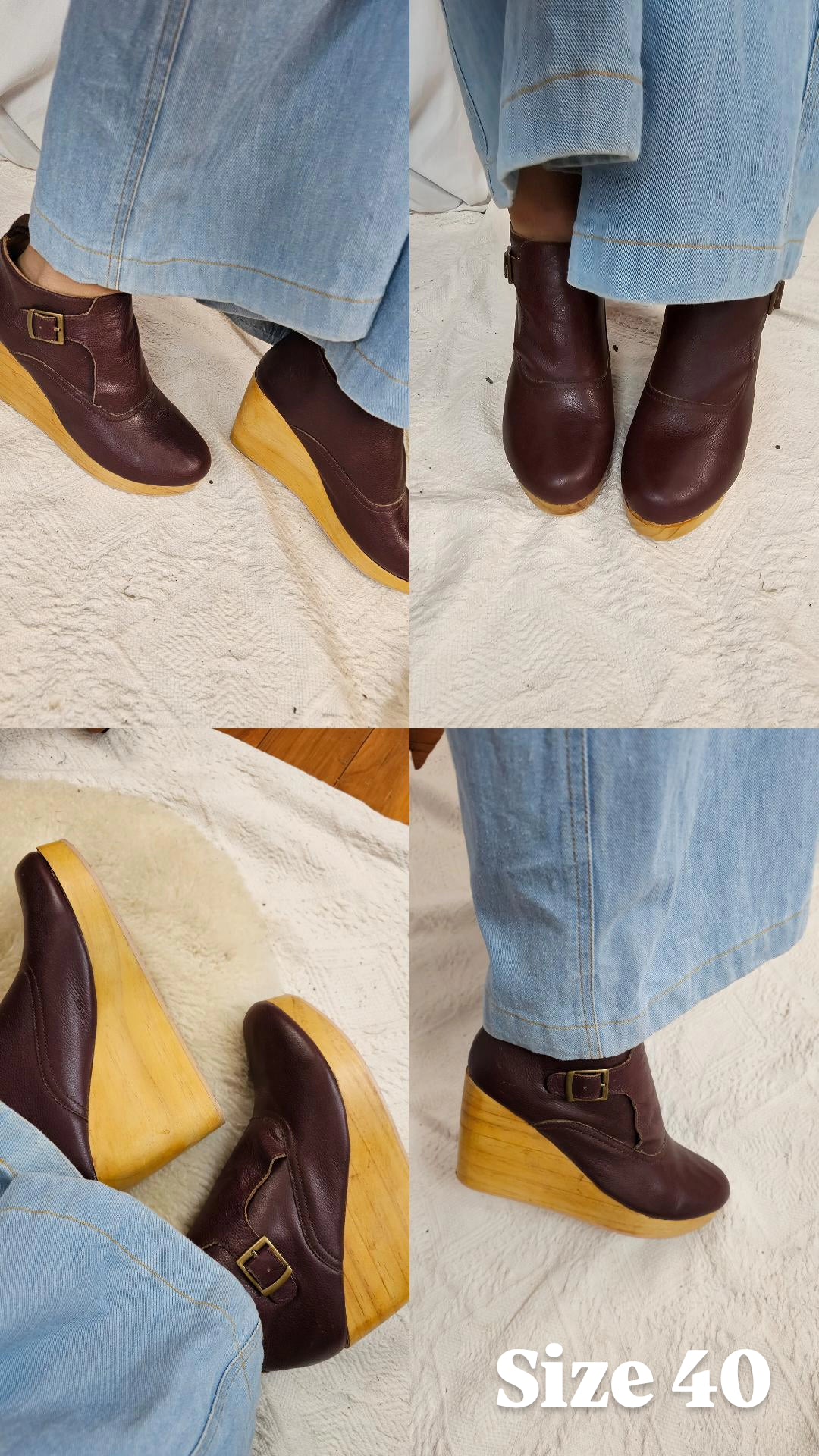 Brown wedge shoes with yellow soles worn with blue jeans on a light background