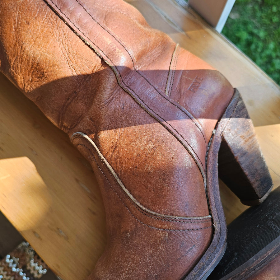 Vintage Brown Leather stacked Fry Boots Size 8B USA (also would fit 7, 7.5)