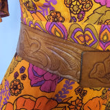 Vintage Tan Leather Belt – Embossed Leaf Design