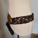 Vintage Studded Leather Belt with Ornate Brass Buckle – One Size