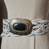 Vintage White Braided Leather Western Belt with Statement Buckle