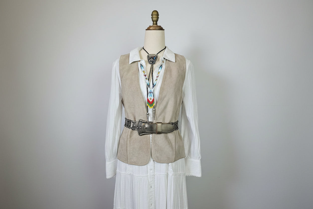 Mannequin wearing a traditional outfit with a hat and decorative sash on a plain background