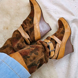 Vintage Via Uno Leather & Suede Floral Print Boots – Tan & Brown Wedge Heel