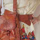 Vintage Tan Leather Belt – Embossed Leaf Design