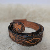vintage usa tooled leather thunderbird belt – size 32