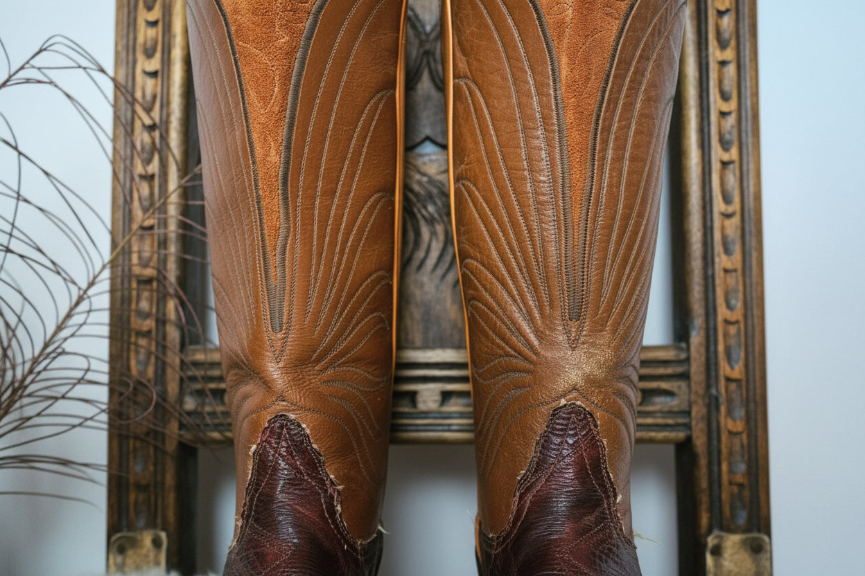 Close-up of brown leather shoes with intricate stitching on a wooden surface.