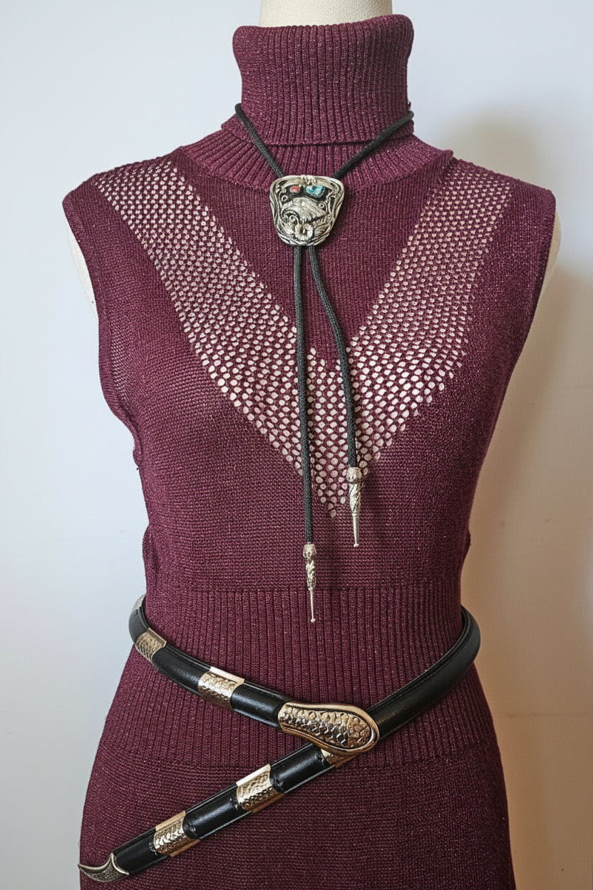 Maroon sweater with decorative brooches on a mannequin against a neutral background