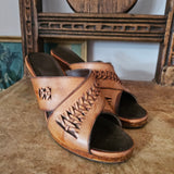 Vintage 70s Woven Leather Mule Sandals — Brown/Tan 23cm toe to heel