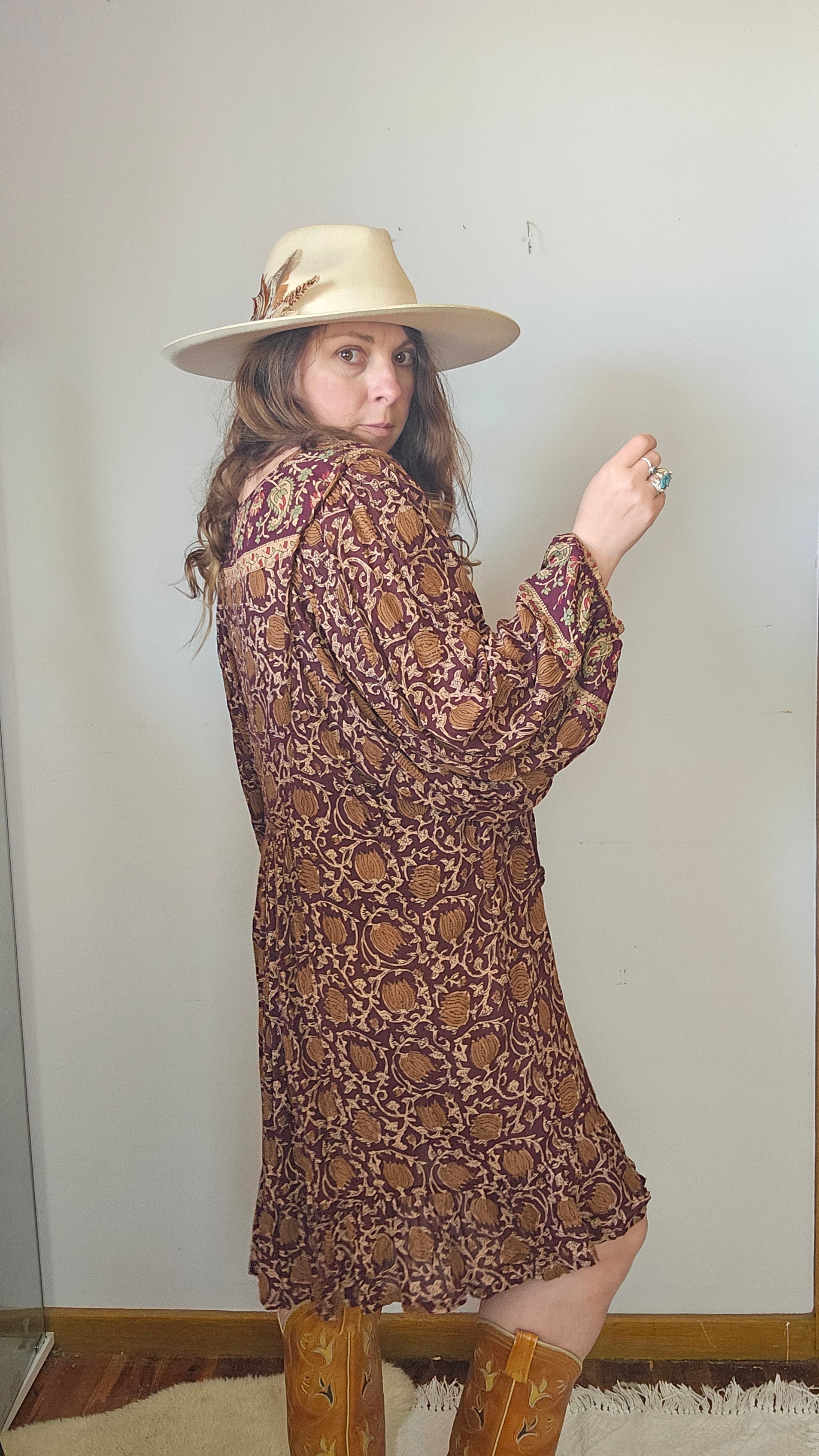 Side view of vintage Tree of Life dress – easy fit bohemian style rayon

