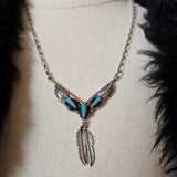 Vintage Zuni Sterling Silver Multi-Stone Inlay Feather Necklace