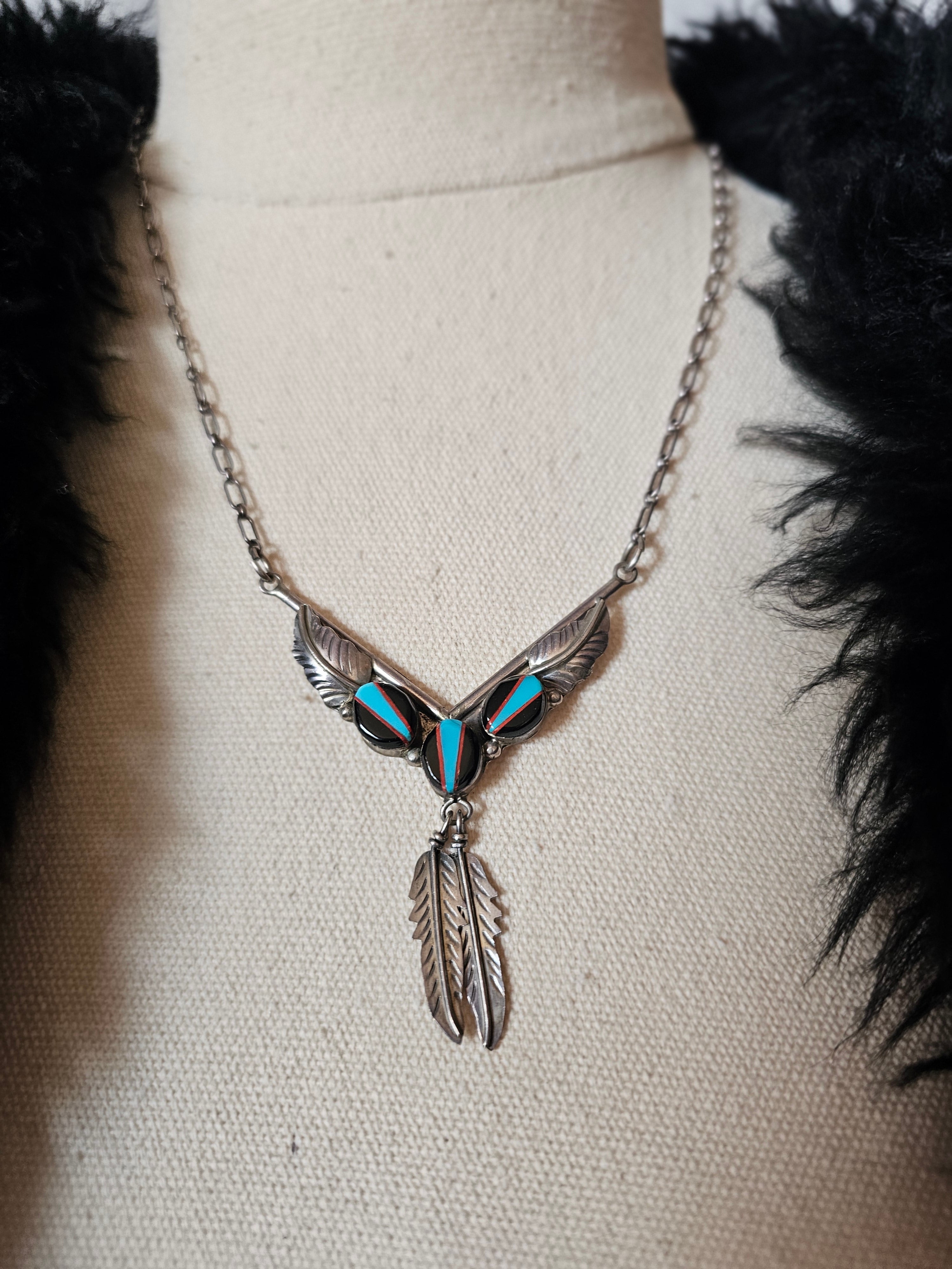 Vintage Zuni Sterling Silver Multi-Stone Inlay Feather Necklace