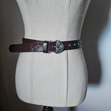 Brown leather belt with turquoise studs 85cm length