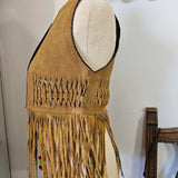 Vintage Genuine Suede Fringe Vest – Handwoven & Beaded | Size S