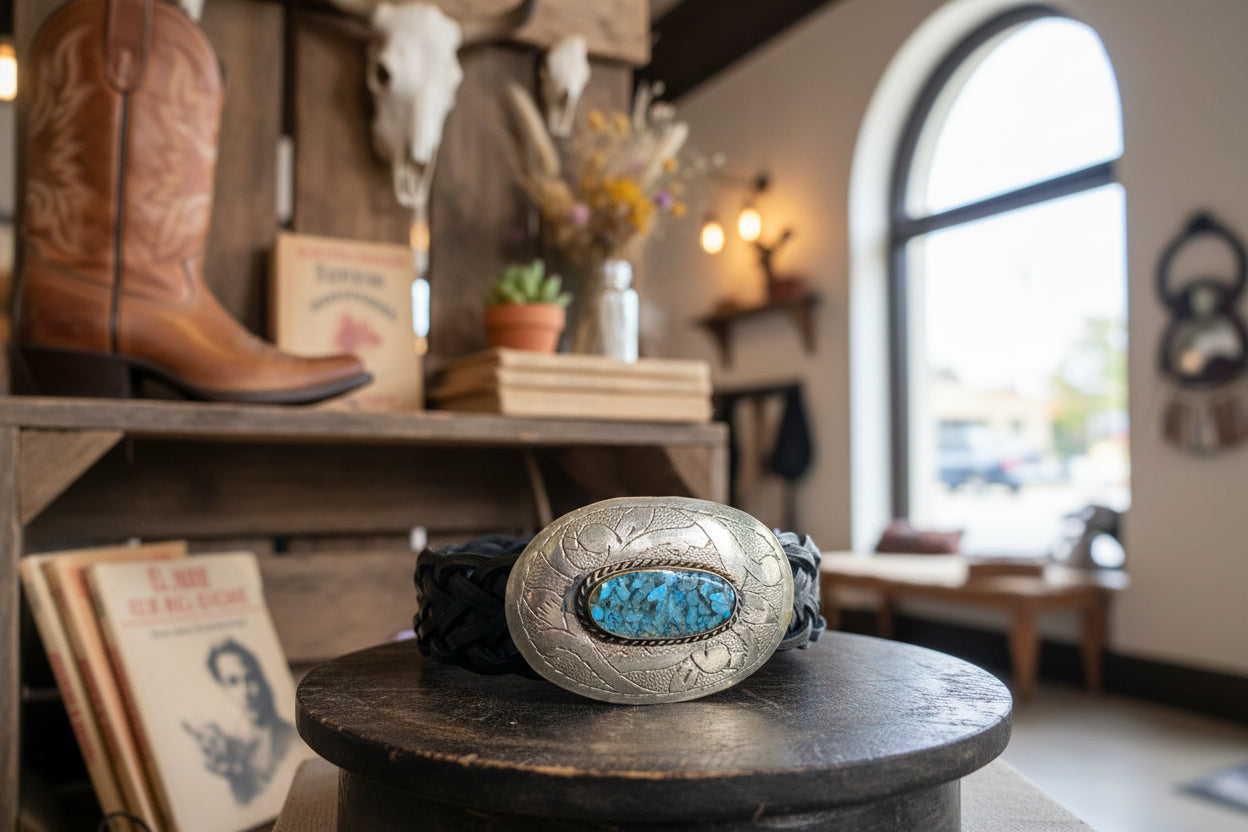 Close-up of a metallic ring with blue stone on a wooden surface