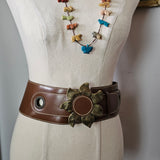 Vintage Wide Leather Belt with Sunflower Buckle L/XXL