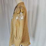 Vintage Mustard Floral Embroidered Blouse – Boho Western Button-Up Shirt M