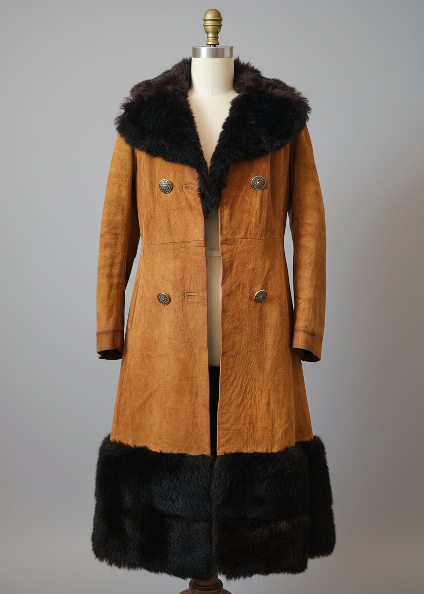 Brown coat with black fur trim on a mannequin against a neutral background