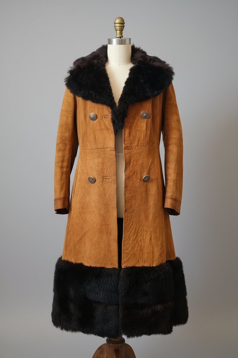 Brown coat with black fur trim on a mannequin against a neutral background