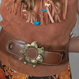 Vintage Wide Leather Belt with Sunflower Buckle L/XXL