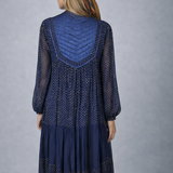 Vintage Adini Quilted Yoke Dress in Midnight Blue & Gold – Made in India (Size S/10)