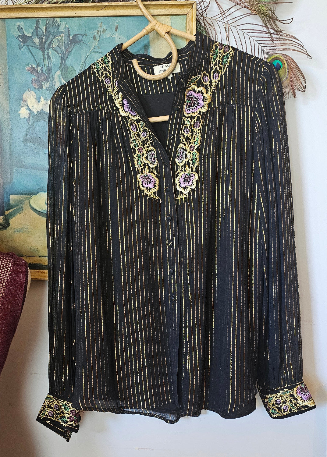 chasing unicorns metalic gold embroidered blouse