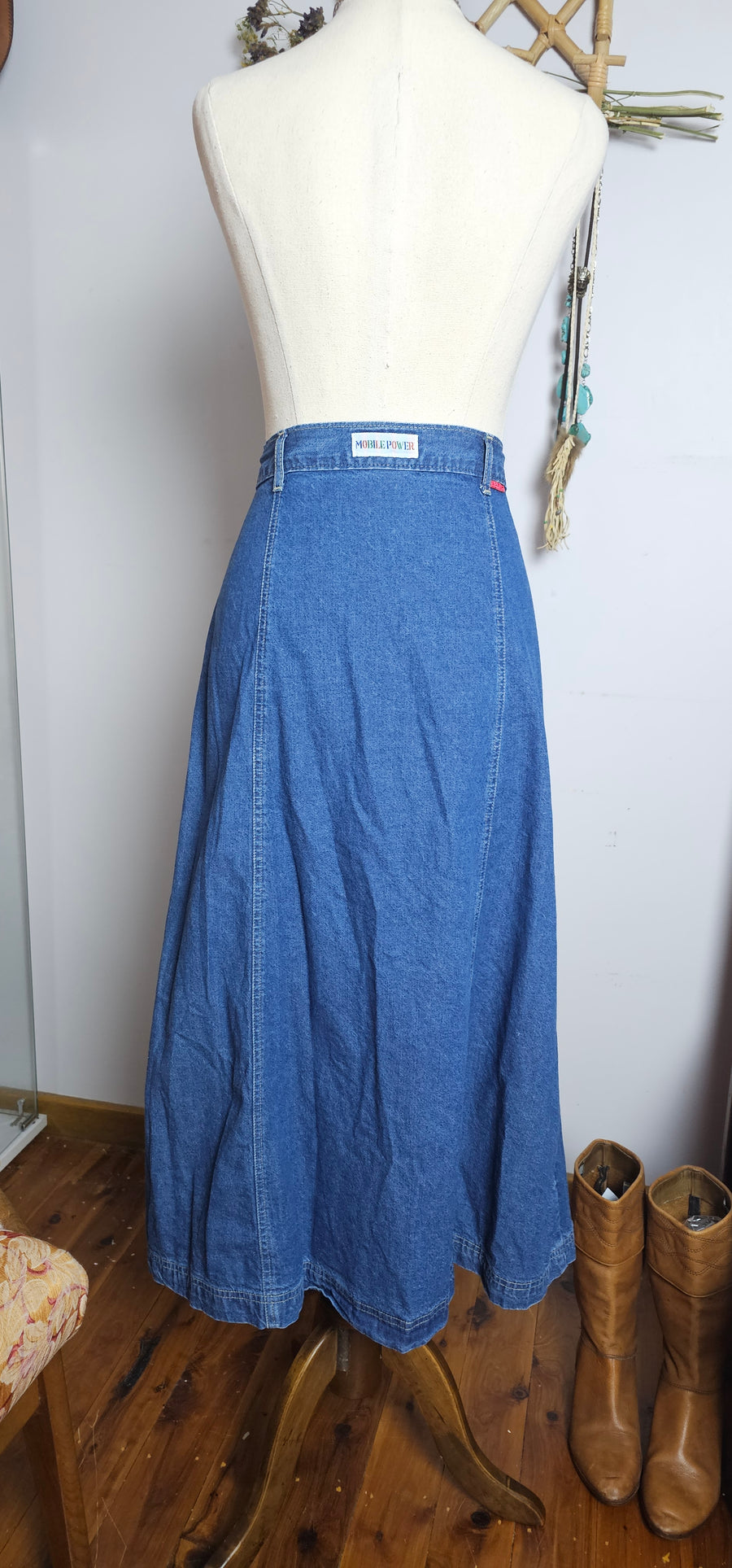 Vintage 90s Denim Button-Down Midi Skirt – Western Prairie Boho – Size 31 (AU 8/10)