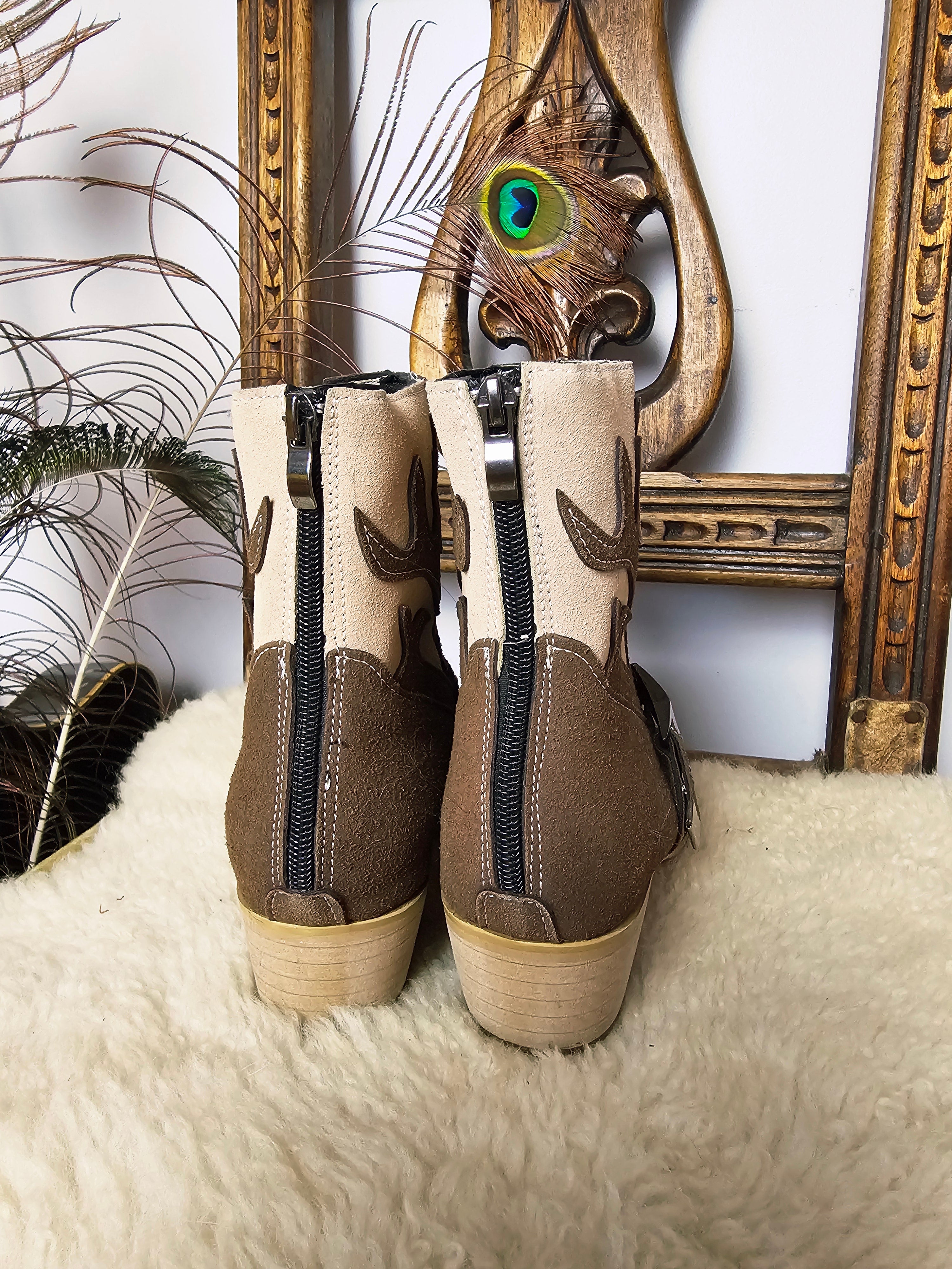 Back view of Western-Style Block Heel Boots – Size 37 featuring rear zip closures and dual-tone faux leather design.