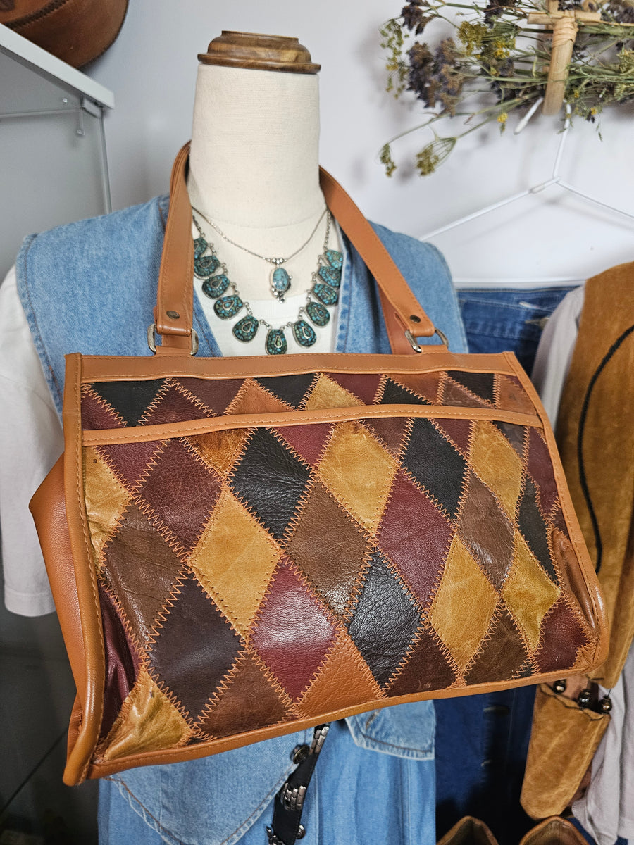 Vintage Genuine Leather Patchwork Shoulder Bag – Boho 70s Style