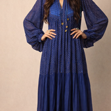Vintage Adini Quilted Yoke Dress in Midnight Blue & Gold – Made in India (Size S/10)