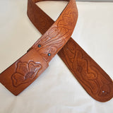 Vintage Tan Leather Belt – Embossed Leaf Design