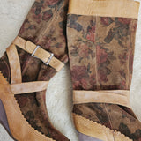 Vintage Via Uno Leather & Suede Floral Print Boots – Tan & Brown Wedge Heel