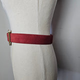 Close-up of a cylindrical object with a red strap on a gray background