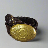 Vintage Studded Leather Belt with Ornate Brass Buckle – One Size