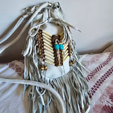 Bohemian White Leather Fringed Bag with Bead & buffalo Bone Detail