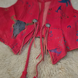 Vintage 90s Char Hand-Painted Leather Vest – Red Western Art Tassel Vest