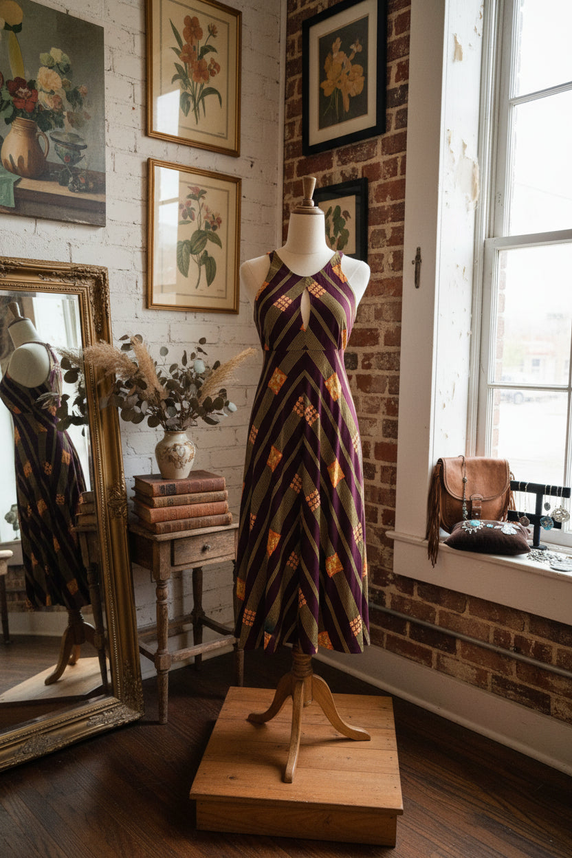 Mannequin wearing a patterned dress with a plain background