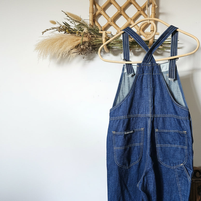 Blue denim overalls hanging on a wooden hanger against a white wall.