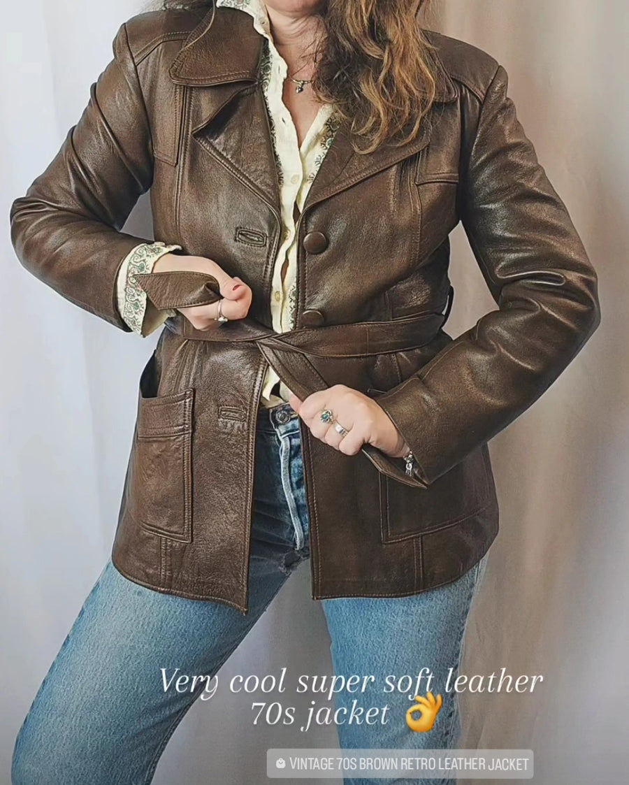 Vintage 70s Brown Retro Leather Jacket Size 10/12