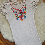 70s Embroidered Crochet Blouse M/L