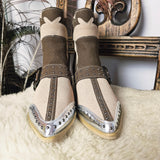 Front view of Western-Style Block Heel Boots – Size 37 showcasing pointed toes, silver-tone caps, and central seam detailing.