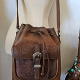 Vintage Tooled Leather Drawstring Bag