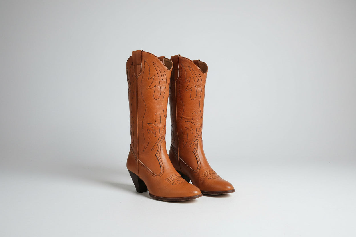 Pair of brown leather cowboy boots on a white background