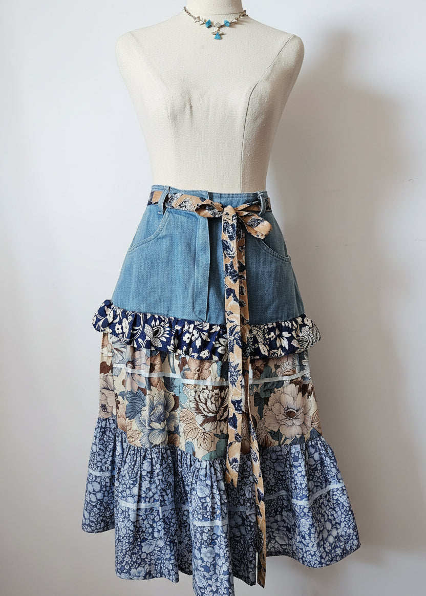 Mannequin wearing a colorful dress with floral patterns on a plain background