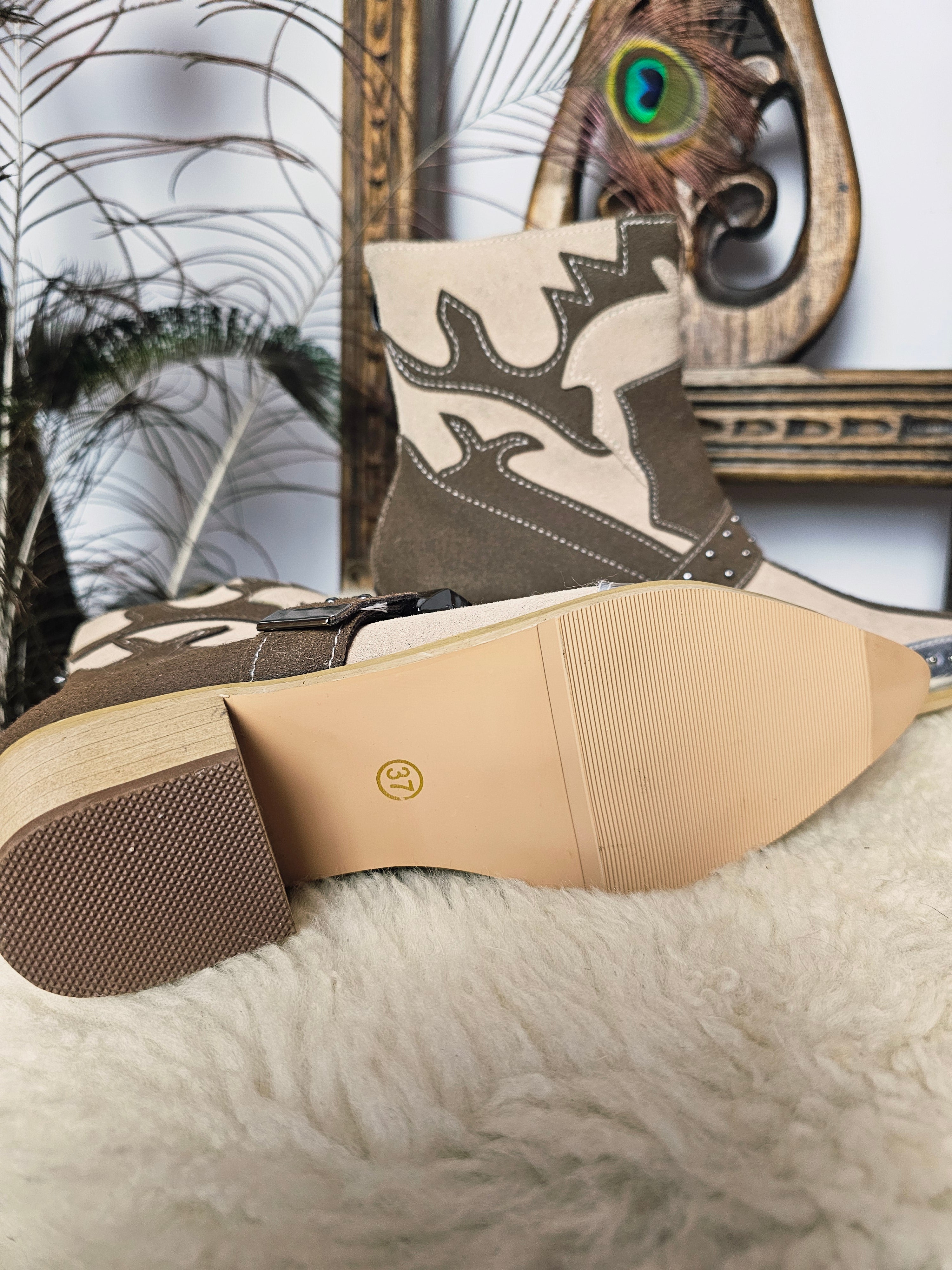 Sole view of Western-Style Block Heel Boots – Size 37 highlighting textured rubber outsole and stacked block heel.