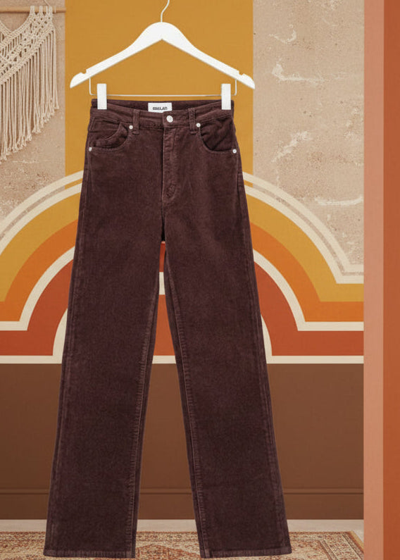 Brown corduroy pants on a hanger against a white background