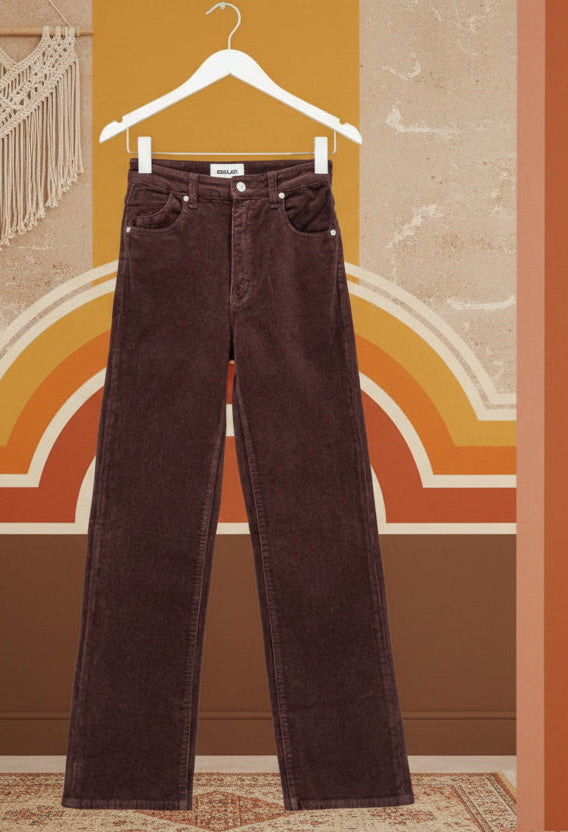 Brown corduroy pants on a hanger against a white background