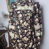 Vintage 60s Black Floral Cotton Folk Mini Dress | Size Small