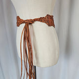 Vintage Tan Woven Leather Tassel Belt – 70s Boho Western Waist Tie
