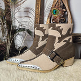 Western-Style Block Heel Boots – Size 37 with bold contrast panelling, silver-tone toe caps, and studded buckle detail in faux leather.